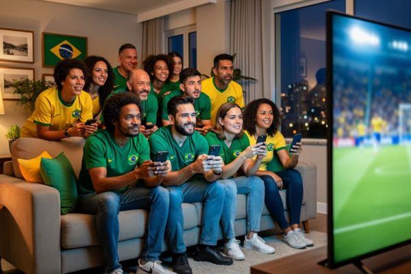 Young Brazilian men and women on a sofa in a modern apartment watching a football game while holding smartphones, with warm lamplight, TV glow, snacks on the coffee table, and blurred city lights through the window.