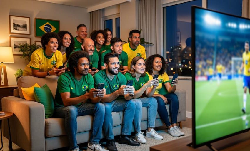 Young Brazilian men and women on a sofa in a modern apartment watching a football game while holding smartphones, with warm lamplight, TV glow, snacks on the coffee table, and blurred city lights through the window.