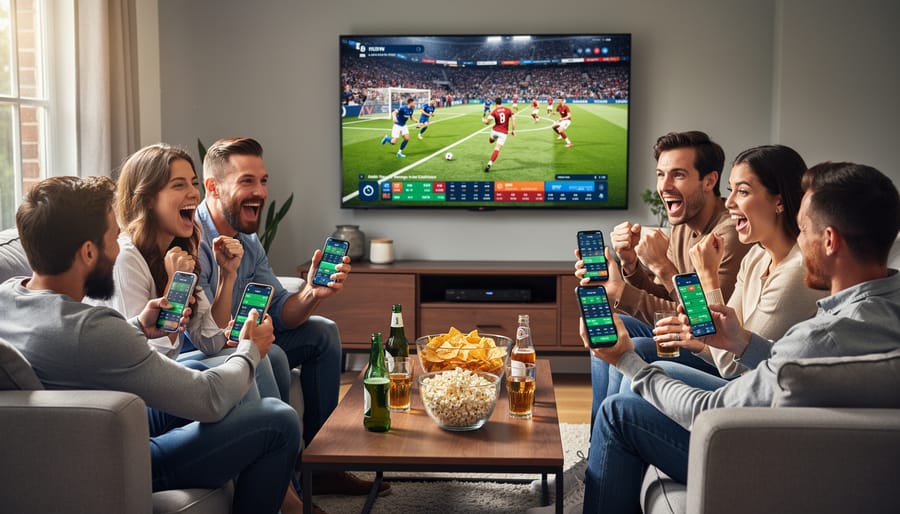 Diverse group of young Brazilian adults watching sports and using mobile devices together in living room