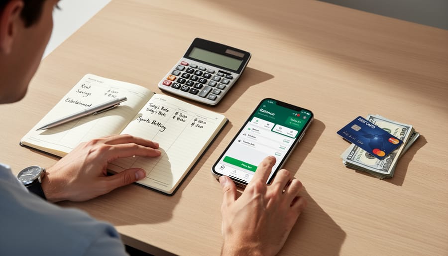 Person reviewing personal finances and budget planning at home office desk