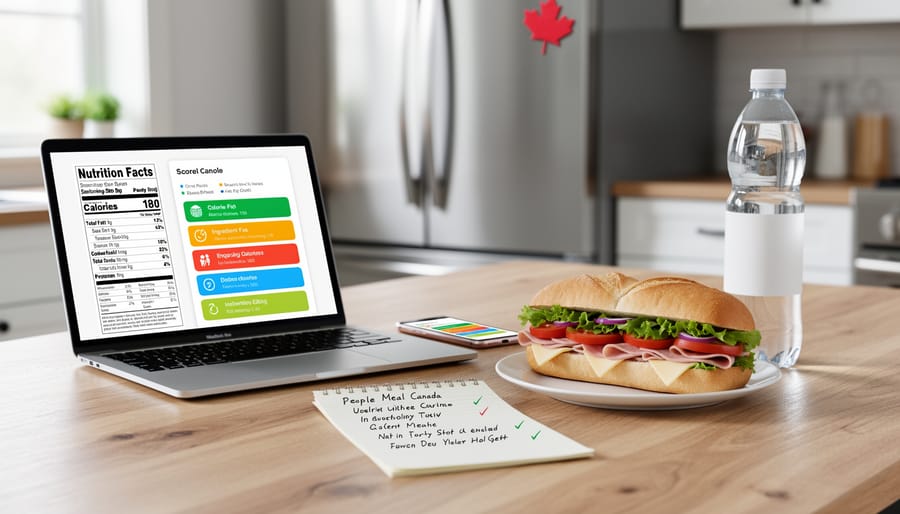 Person using a smartphone and notebook while reviewing meal nutrition information at a kitchen table.