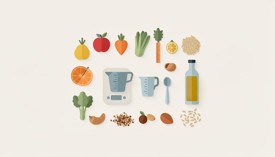 Kitchen scales and measuring spoons next to mixed ingredients in a glass bowl, symbolizing mindful nutrition checking.