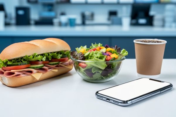 “Fresh Subway-style sandwich, salad, and side with a smartphone on a table, representing access to official nutrition information in Canada.”