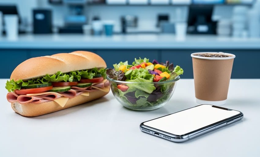 “Fresh Subway-style sandwich, salad, and side with a smartphone on a table, representing access to official nutrition information in Canada.”