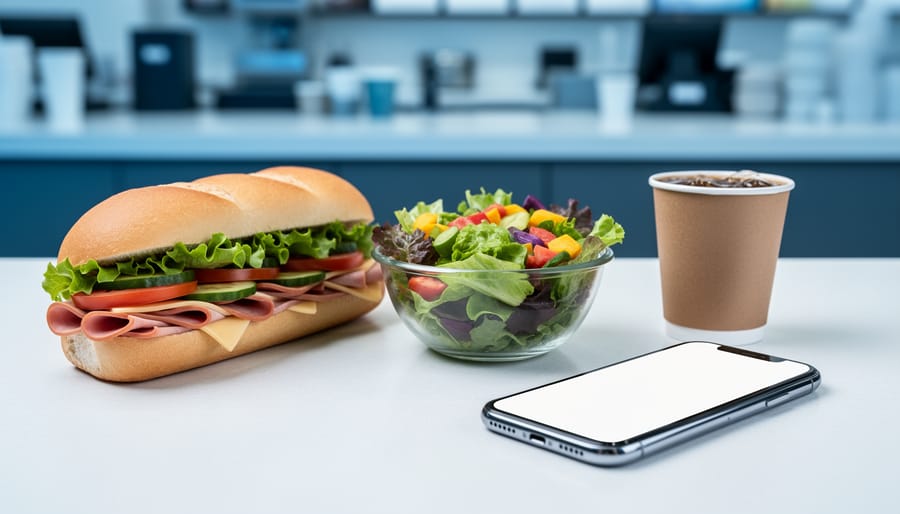 “Fresh Subway-style sandwich, salad, and side with a smartphone on a table, representing access to official nutrition information in Canada.”