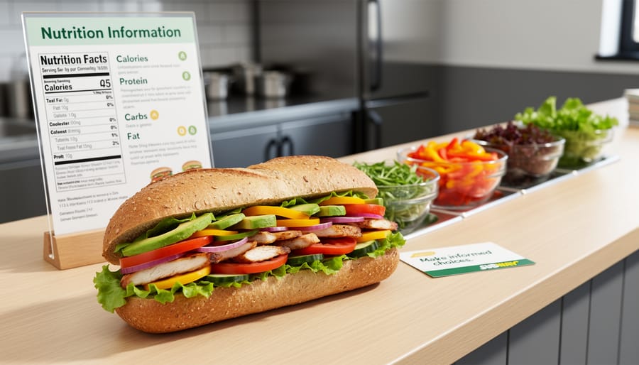 Tabletop view of a Subway-style sandwich with fresh vegetables and side items, ready to review nutrition information.