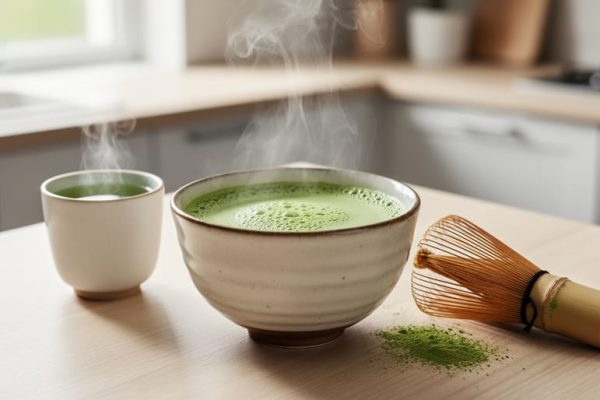 Close-up of a matcha bowl with frothy green tea and a bamboo whisk on a light wooden countertop in soft morning light