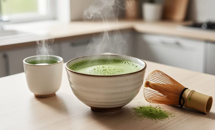 Close-up of a matcha bowl with frothy green tea and a bamboo whisk on a light wooden countertop in soft morning light