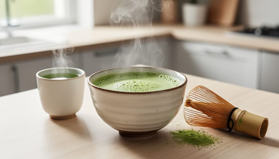 Close-up of a matcha bowl with frothy green tea and a bamboo whisk on a light wooden countertop in soft morning light