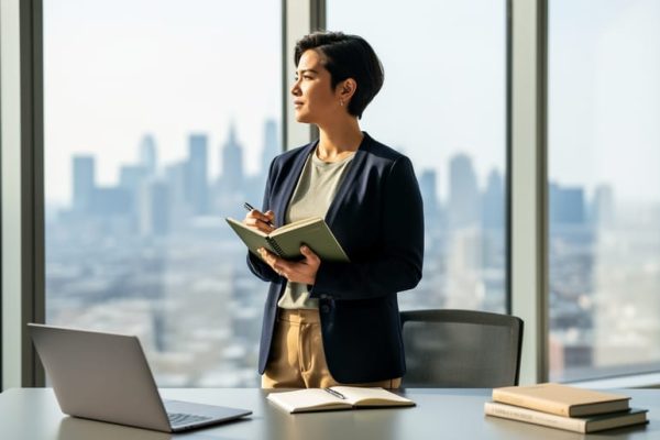 “Business-casual professional holding a notebook at a modern desk, illuminated by soft natural light and looking toward a blurred city view through a window.”