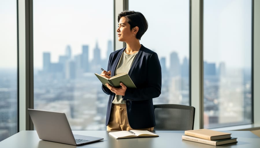 “Business-casual professional holding a notebook at a modern desk, illuminated by soft natural light and looking toward a blurred city view through a window.”