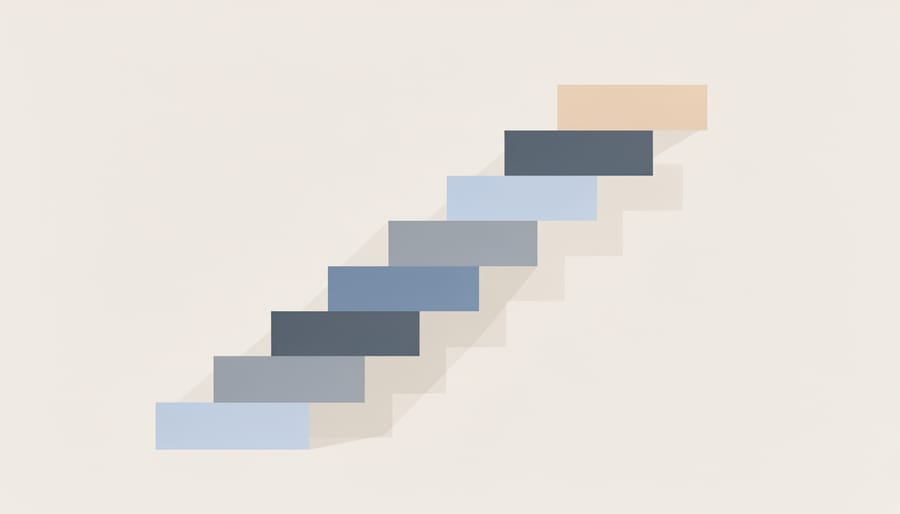 Low-angle view of an illuminated staircase leading toward a bright doorway symbolizing career growth.