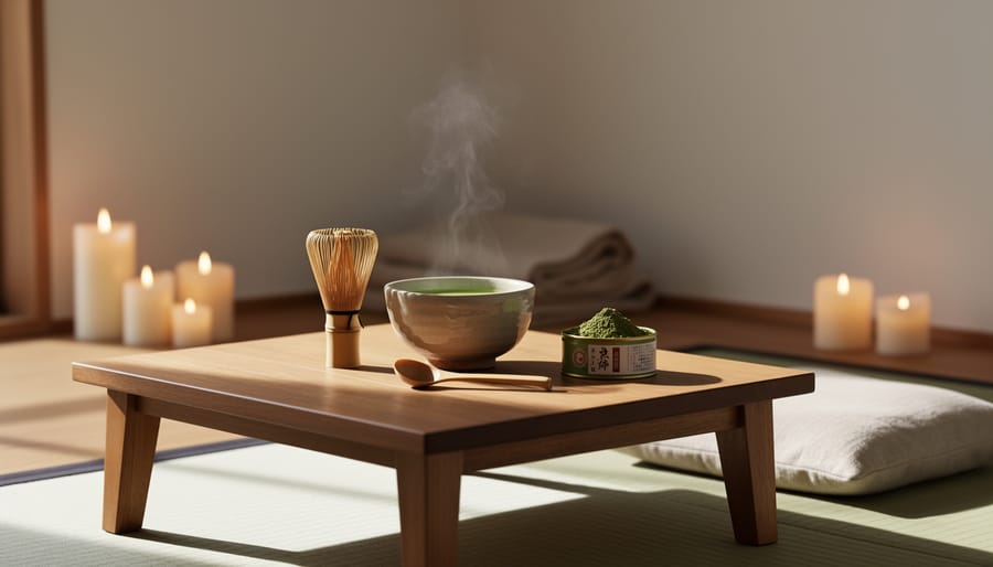 Minimal quiet corner set up for a matcha morning ritual with candlelight, matcha tools, and a cozy chair