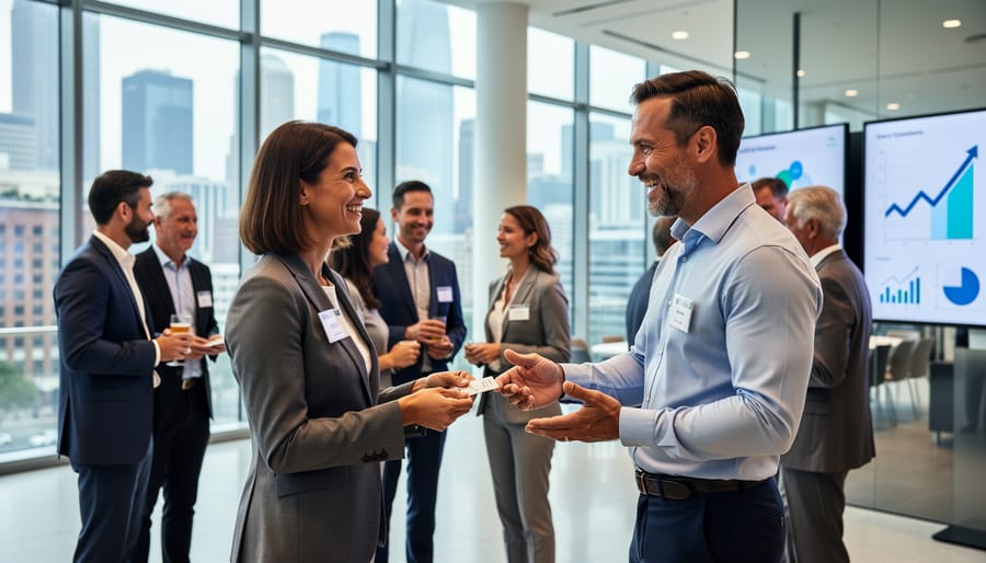 People networking and shaking hands in a coworking space while holding coffee cups.