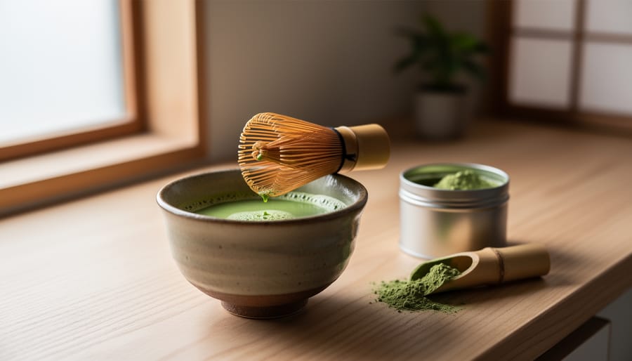 Person’s hands preparing matcha in a ceramic bowl with a bamboo whisk on a wooden table in soft morning light
