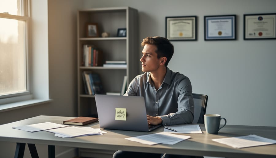Person sitting at a desk looking thoughtful, suggesting feeling stuck and reconsidering career goals.