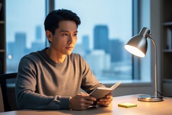 Person seated in a modern office looking toward a desk lamp while holding a notebook, symbolizing reflective career growth and motivation.
