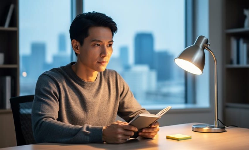Person seated in a modern office looking toward a desk lamp while holding a notebook, symbolizing reflective career growth and motivation.