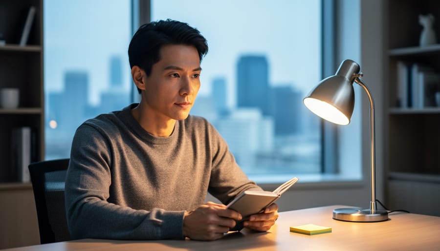 Person seated in a modern office looking toward a desk lamp while holding a notebook, symbolizing reflective career growth and motivation.