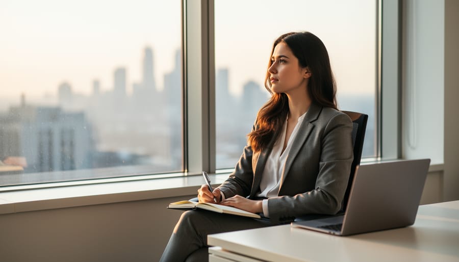Person in business attire looking out a window while holding a notebook and pen