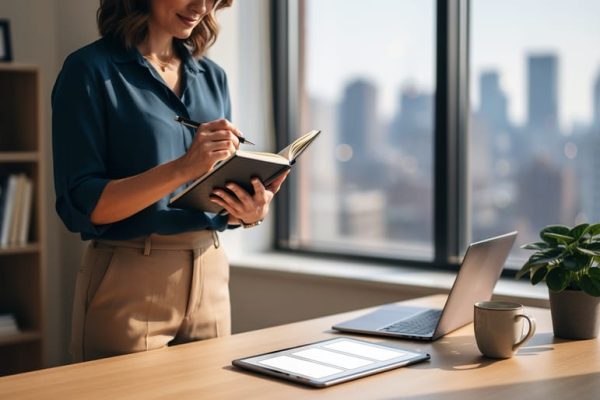 “Business-casual professional holding a notebook and pen at a desk with a softly glowing tablet, suggesting clear career guidance and planning.”
