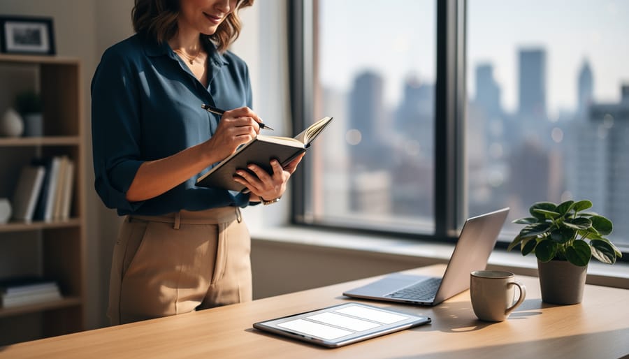 “Business-casual professional holding a notebook and pen at a desk with a softly glowing tablet, suggesting clear career guidance and planning.”