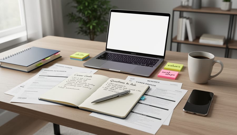 Woman organizing her resume and career notes on a desk before seeking guidance