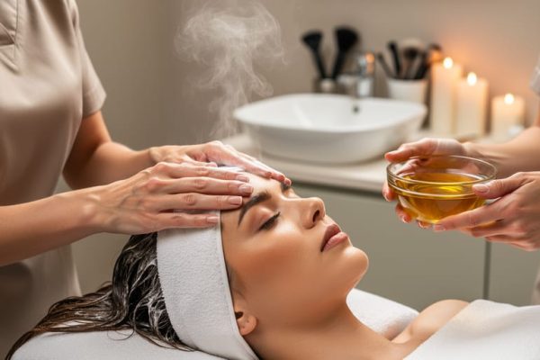 Cosmetologist gently massaging a client’s scalp during a head spa treatment with warm steam and a bowl of nourishing oil nearby.