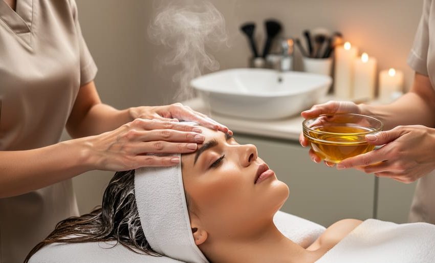 Cosmetologist gently massaging a client’s scalp during a head spa treatment with warm steam and a bowl of nourishing oil nearby.