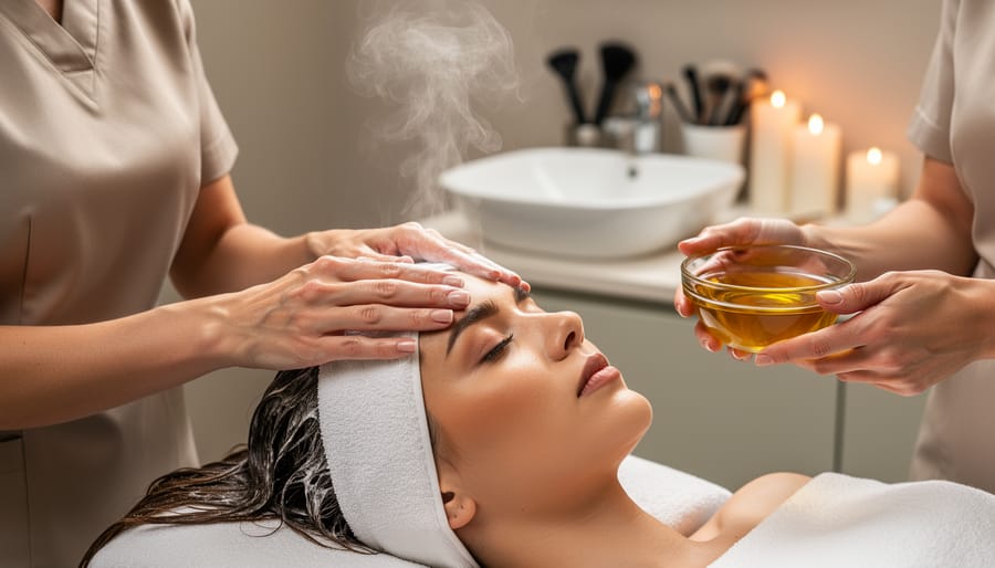 Cosmetologist gently massaging a client’s scalp during a head spa treatment with warm steam and a bowl of nourishing oil nearby.