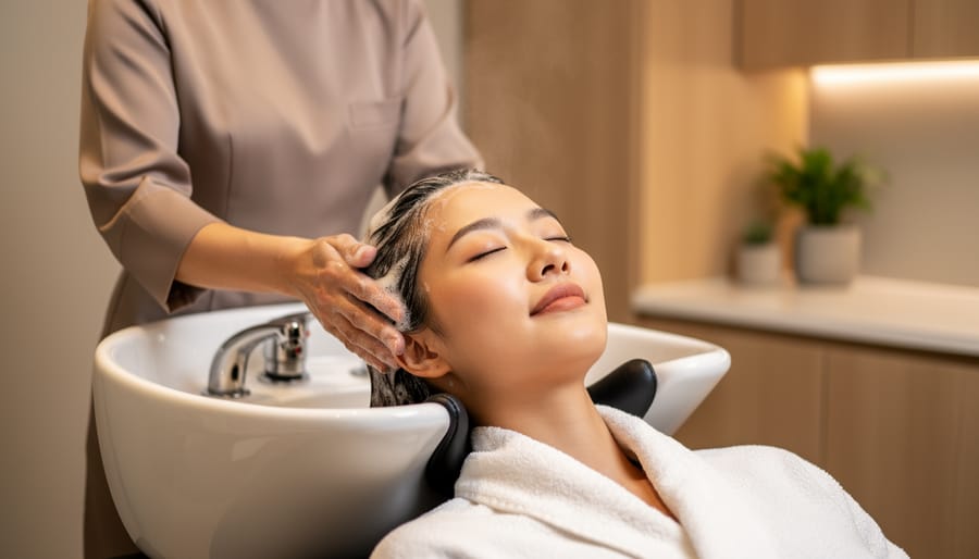 Person receiving a relaxing head spa scalp massage in a serene salon setting