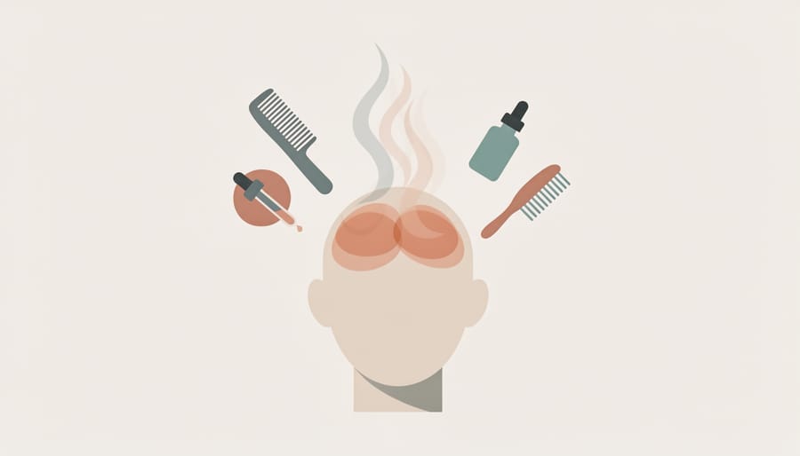 Head spa tools and warm steam over a basin with towels and a dropper in a calm spa setting